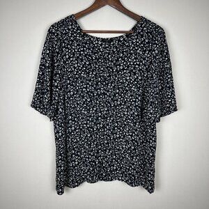Talbots Blouse Top Womens 14W Black White Floral Short Sleeve Button‎ Up Sheer